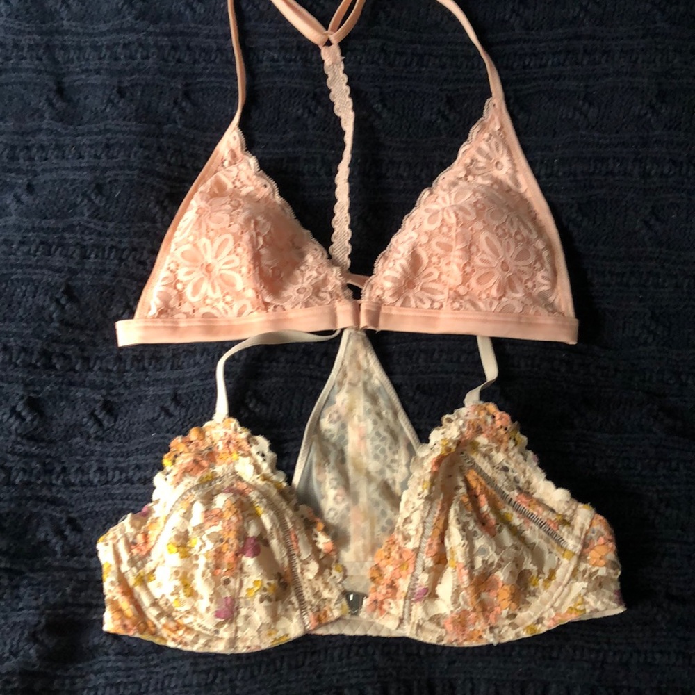 2 VS Bralettes: Pink Lace and Tan and Floral Lace